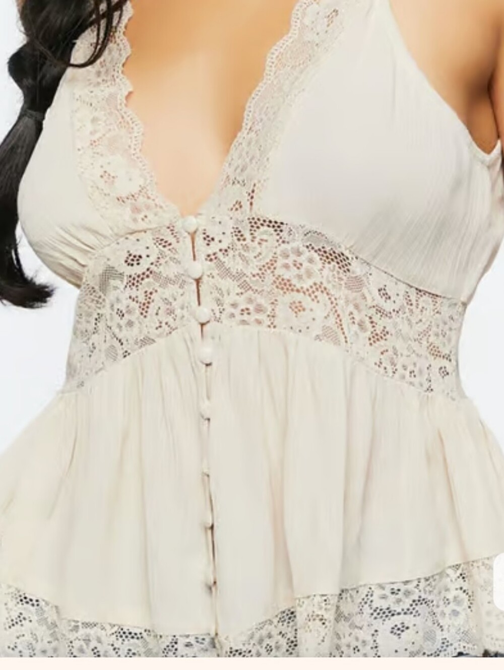 Forever 21 Ivory Lace-Trim Peplum Button-Front Top